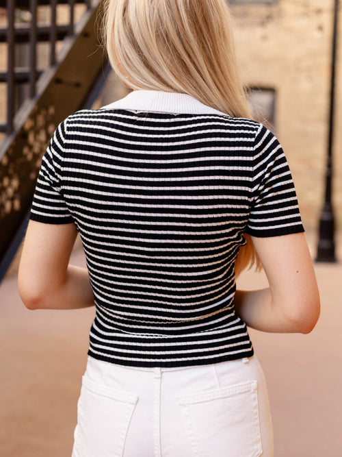 black and white collared stripe top