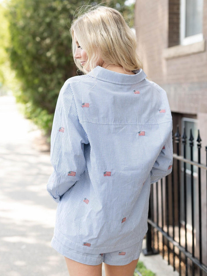 blue and white flag stripe top