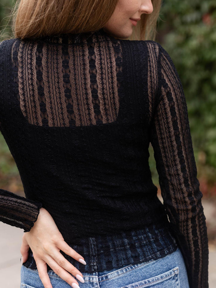 Stripe Lace Sheer Pattern Long Sleeve Knit Top