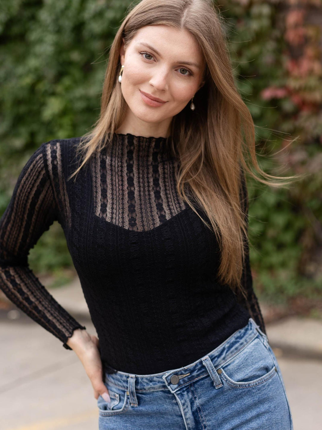 Stripe Lace Sheer Pattern Long Sleeve Knit Top