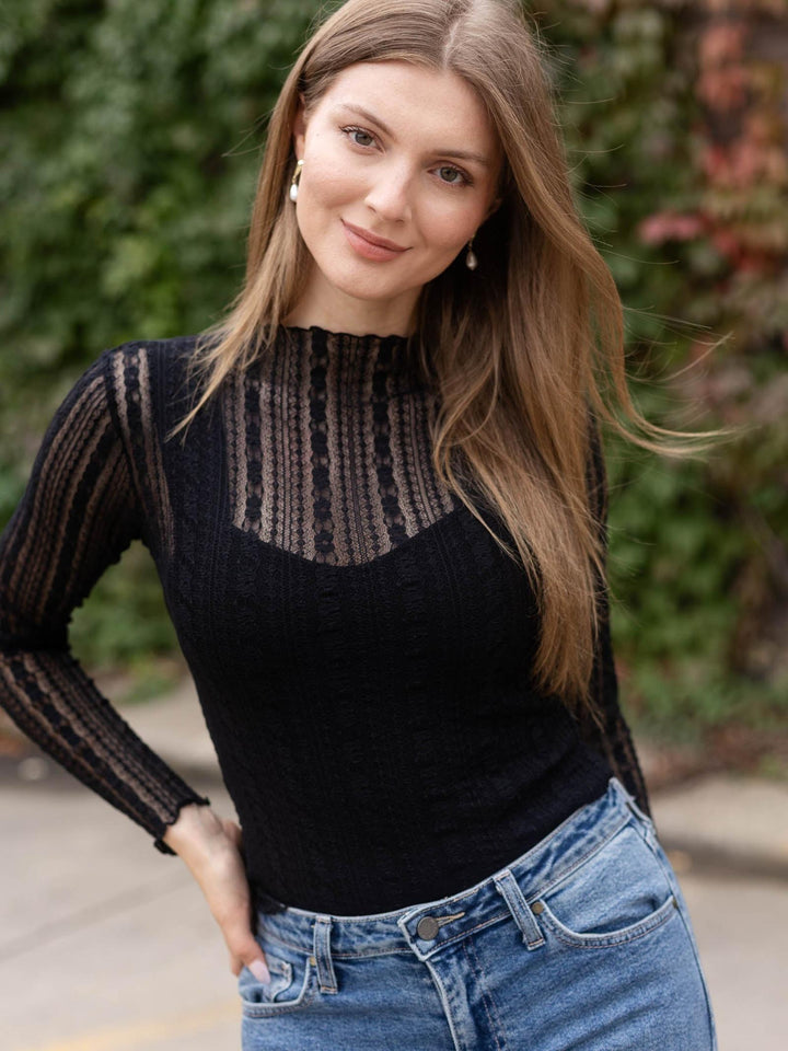 Stripe Lace Sheer Pattern Long Sleeve Knit Top