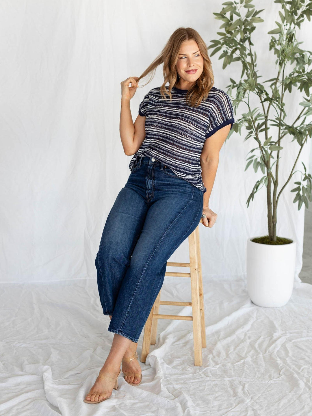 blue knit stripe short sleeve sweater