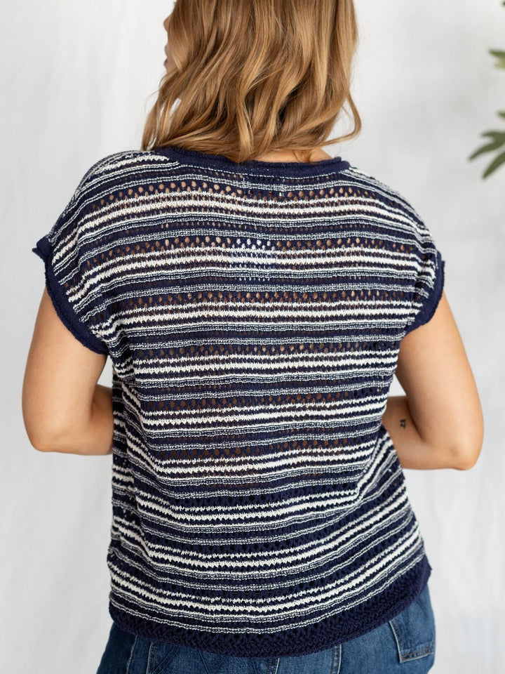 blue knit stripe short sleeve sweater