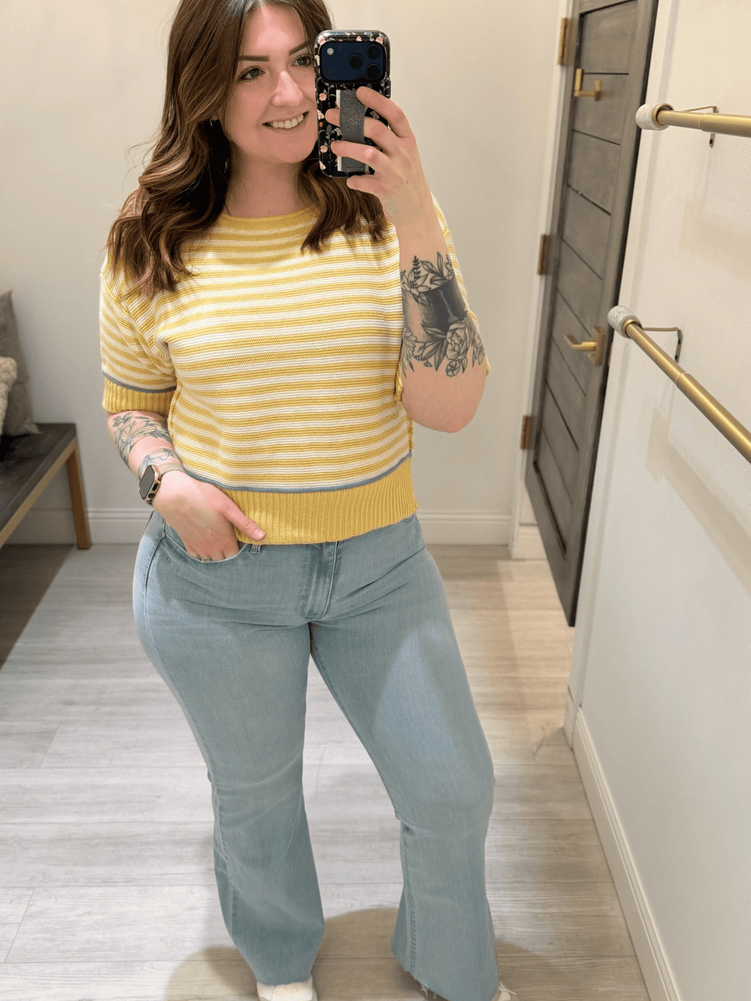 Stripe Raw Edge Detail Contrast Trim Sweater
