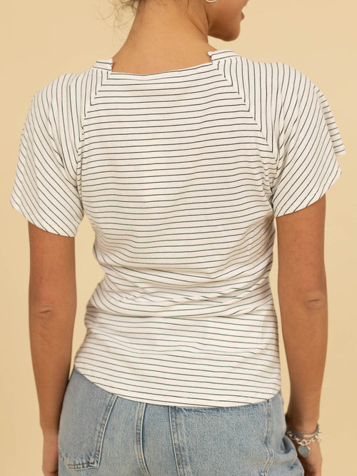 black and white stitch tie front stripe top