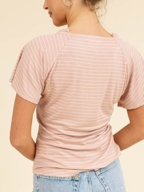 white and pink stripe tie neck top