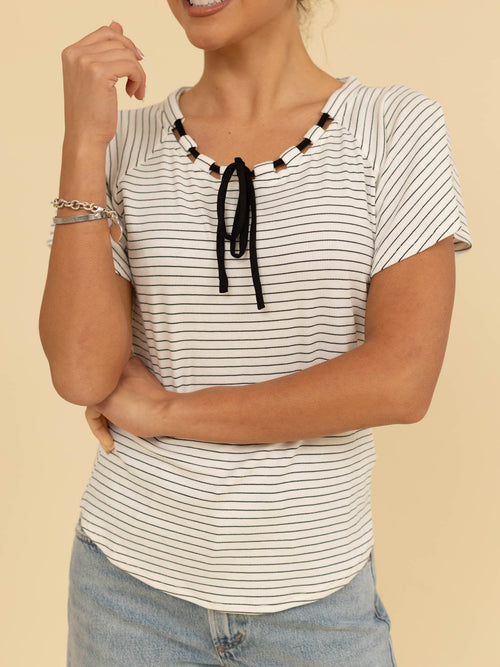 black and white stitch tie front stripe top