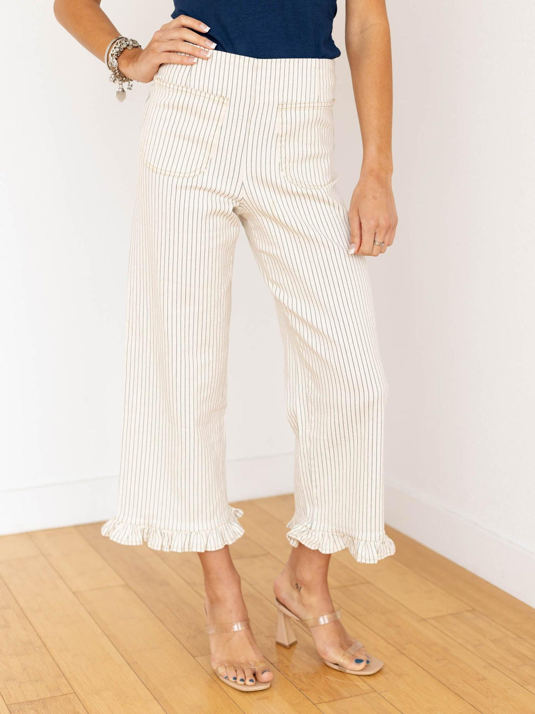 pin stripe ruffle hem pants