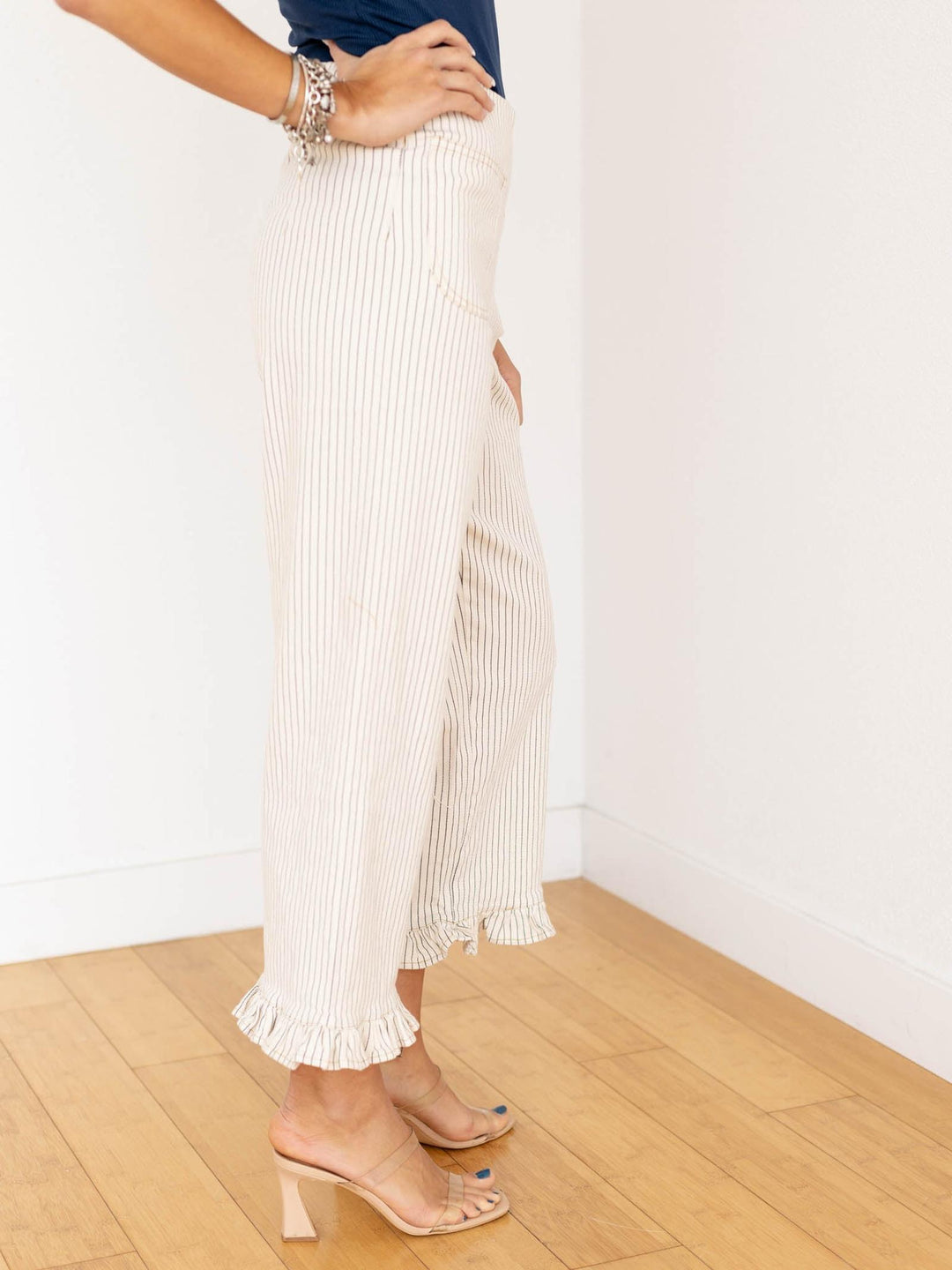 pin stripe ruffle hem pants