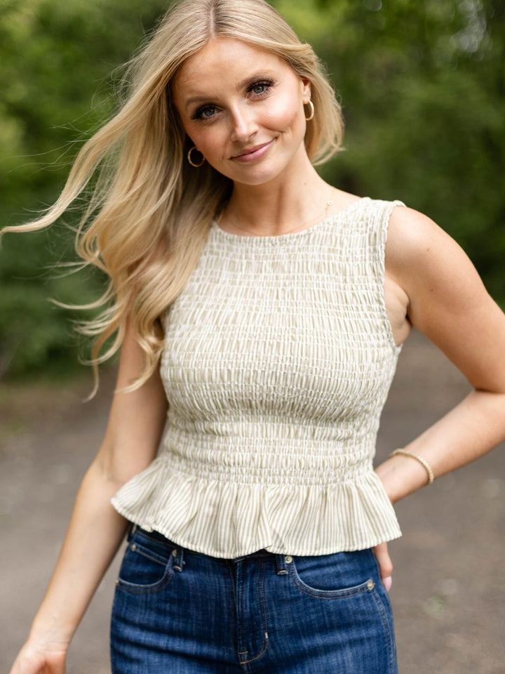 Stripe Sleeveless Smocked Blouse
