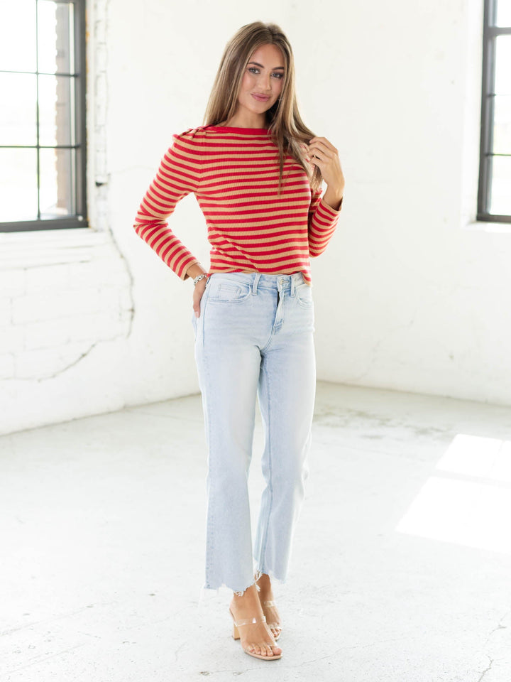 red stripe boat neck sweater
