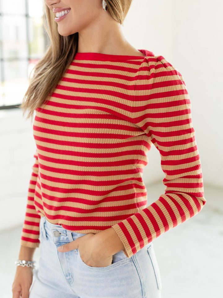 red stripe boat neck sweater