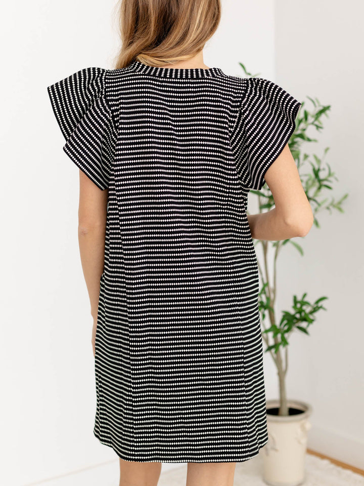 Striped Ruffle Sleeve V-Neck DressDress