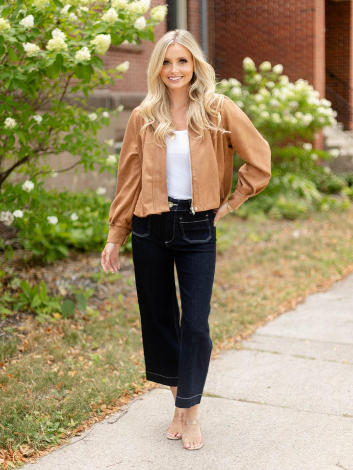 Suede Mock Neck Zip Up Jacket