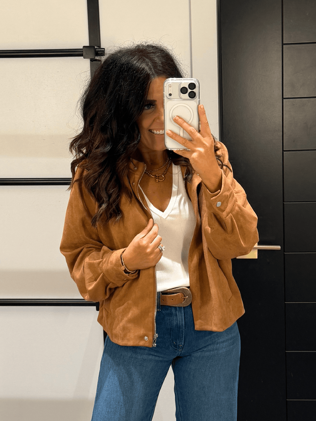 Suede Mock Neck Zip Up Jacket
