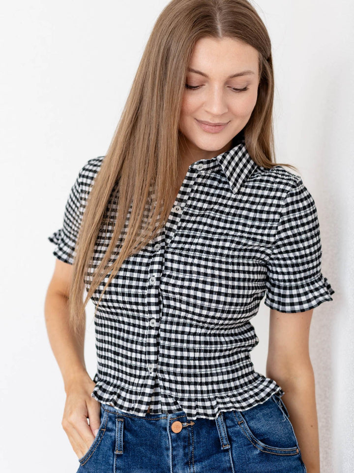 black and white gingham printed shirt