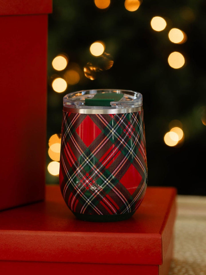 red and green plaid stemless glass