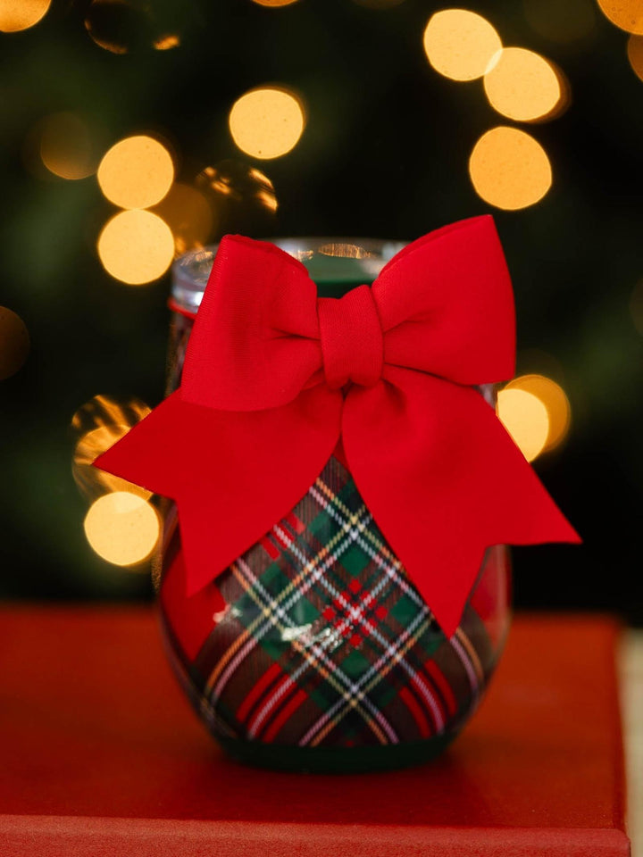 red and green plaid stemless glass