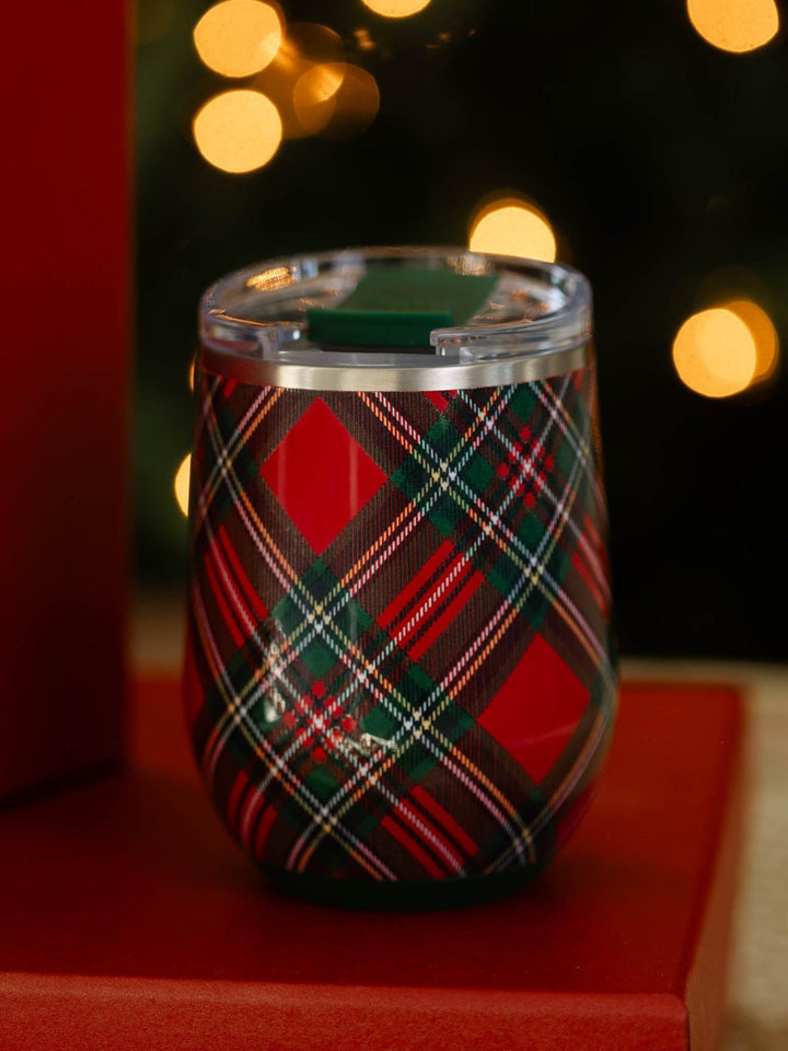 red and green plaid stemless glass