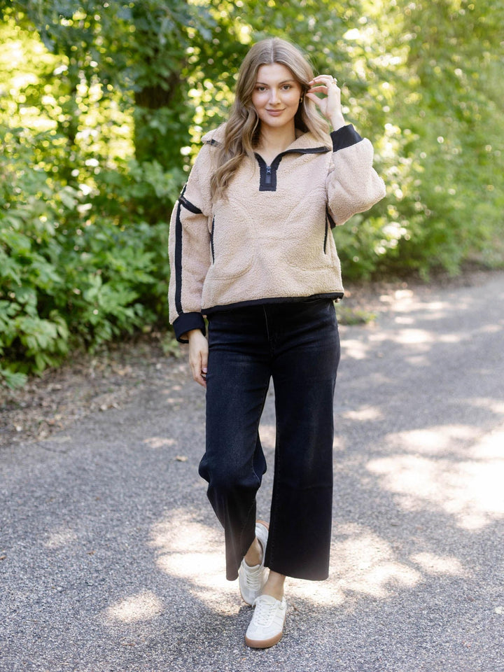 Tan &amp; Black Half Zip Sherpa