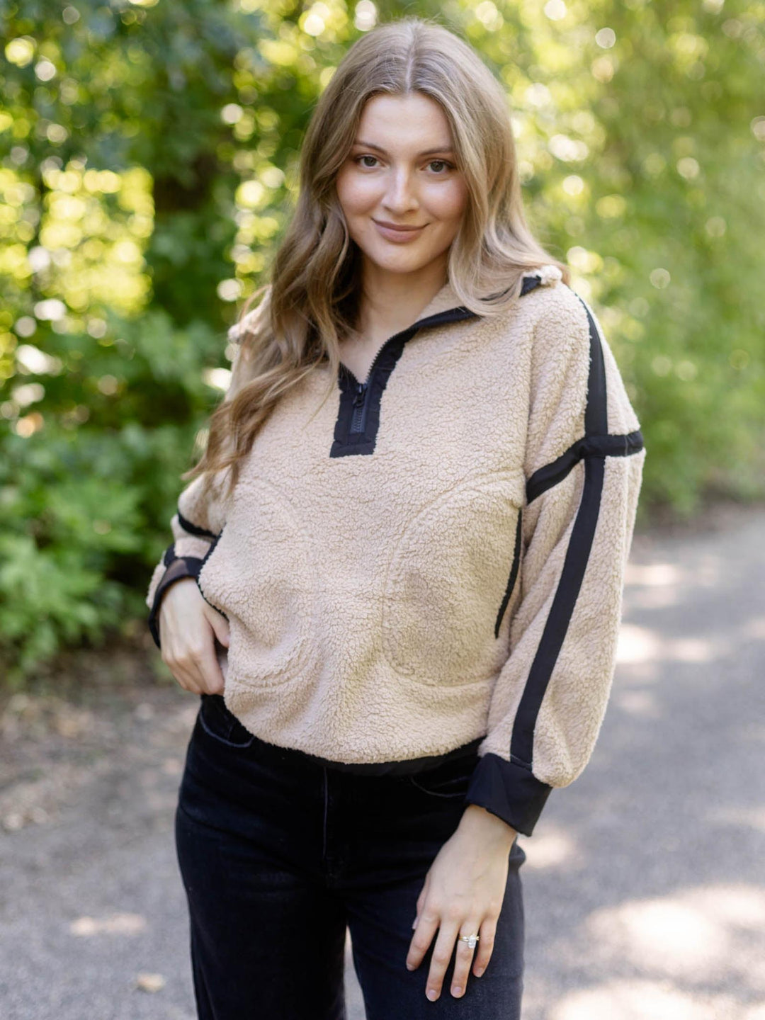 Tan &amp; Black Half Zip Sherpa