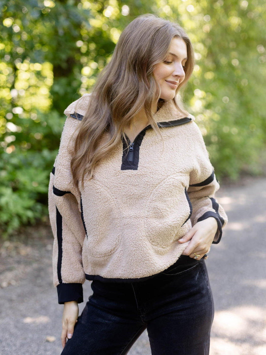 Tan &amp; Black Half Zip Sherpa