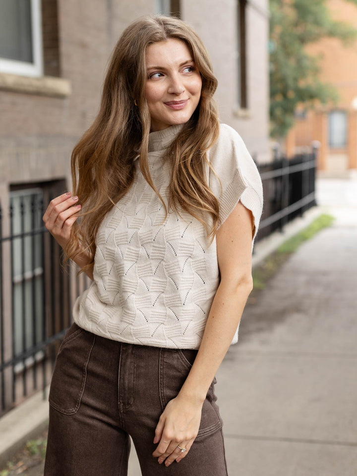 Cream textured short sleeve sweater