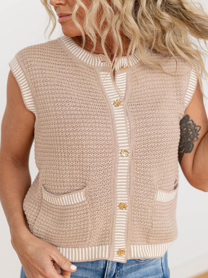 neutral sleeveless button front sweater cardigan