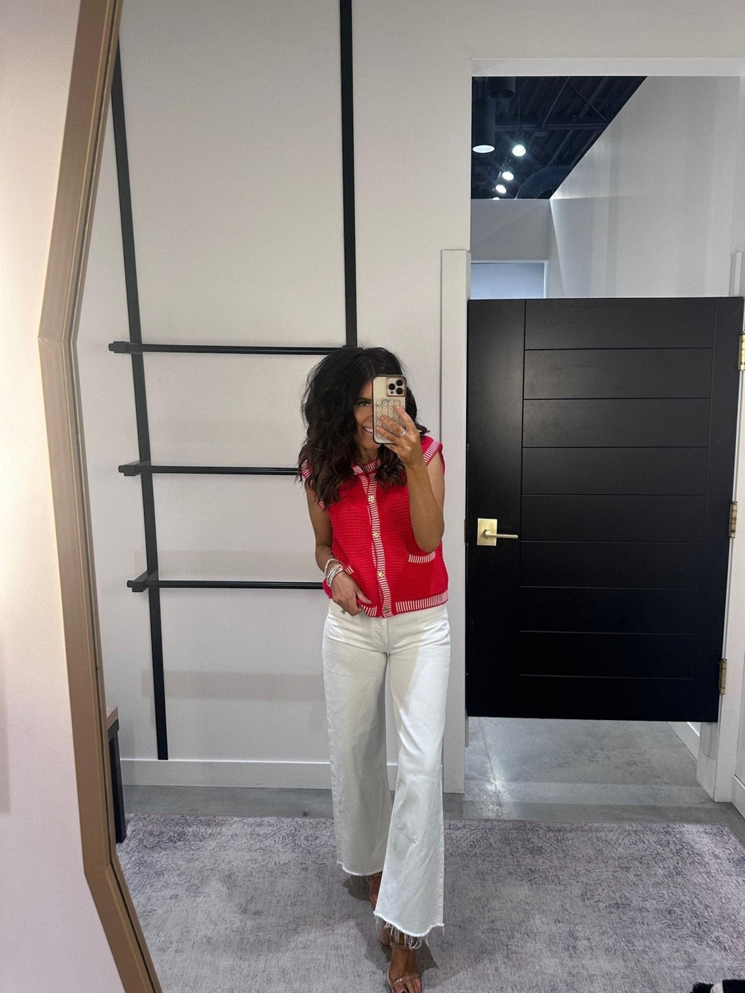 red sleeveless cardigan