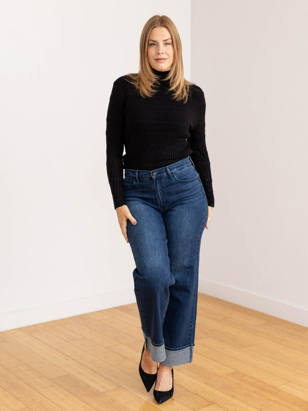 black textured mock neck top