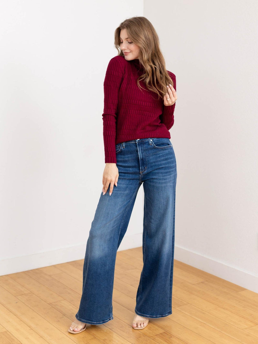 dark wine textured mock neck top