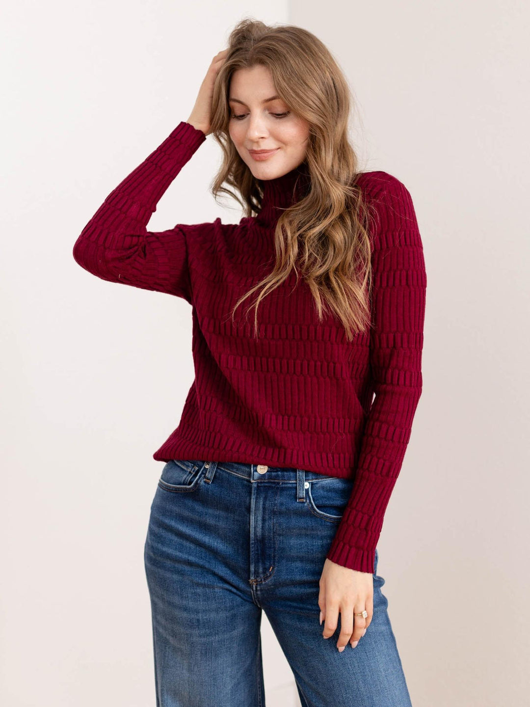 dark wine textured mock neck top