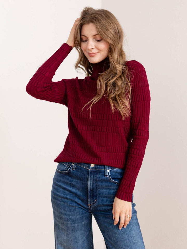 dark wine textured mock neck top