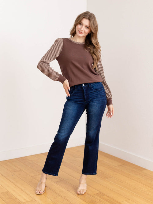 BROWN TEXTURED PUFF SLEEVE TOP