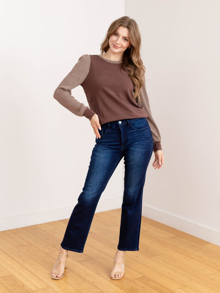 BROWN TEXTURED PUFF SLEEVE TOP