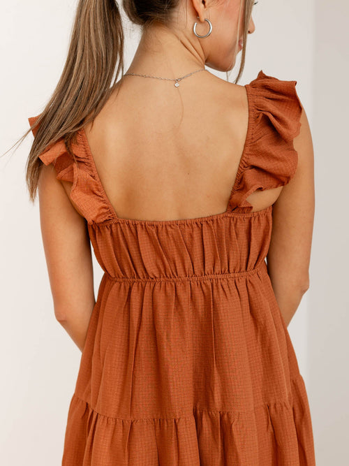 tiered ruffle strap v-neck midi dress
