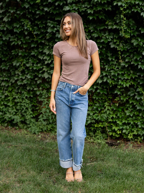 washed light brown ribbed tee
