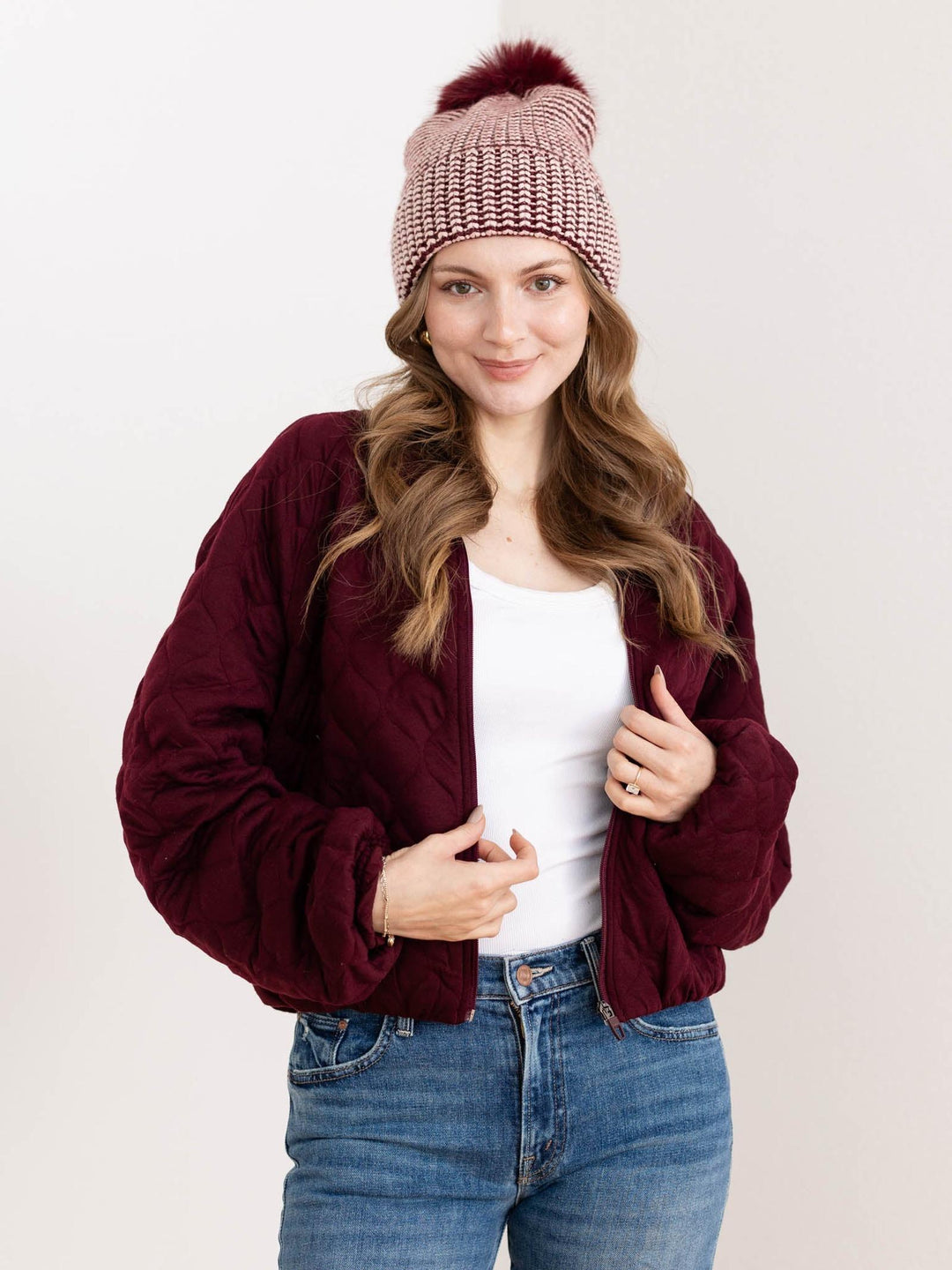 maroon quilted bomber jacket