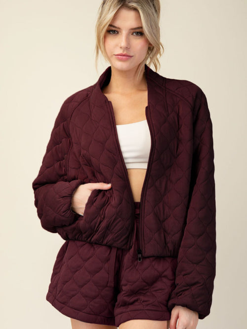 dark red quilted bomber jacket