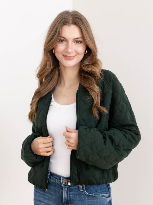 dark green quilted bomber jacket