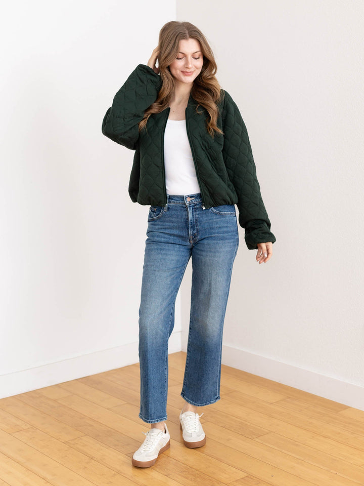dark green quilted bomber jacket