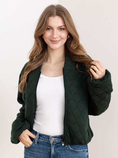 dark green quilted bomber jacket