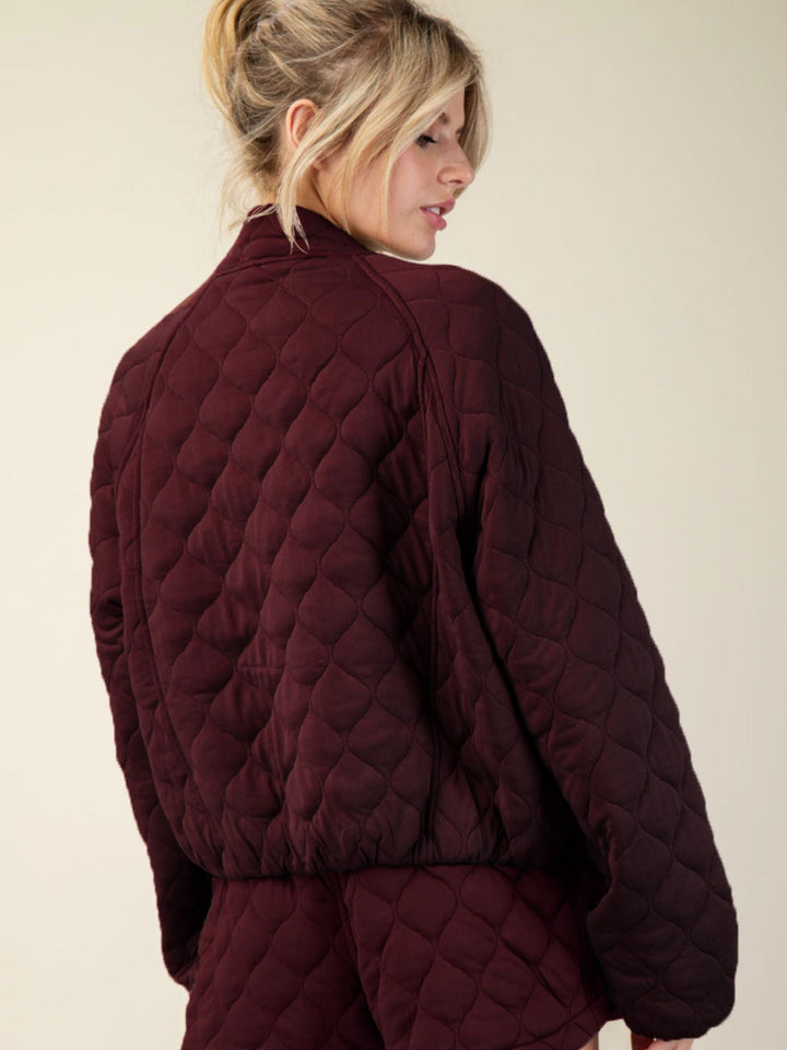 dark red quilted bomber jacket