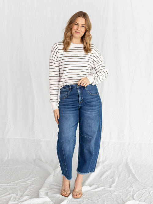 white and brown striped sweater