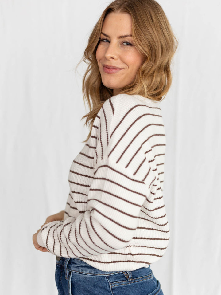 white and brown striped sweater