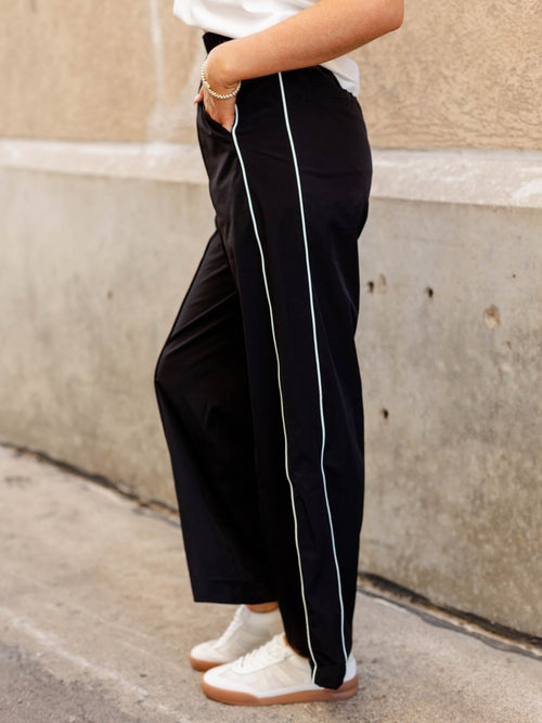 black and white athleisure wide leg pants