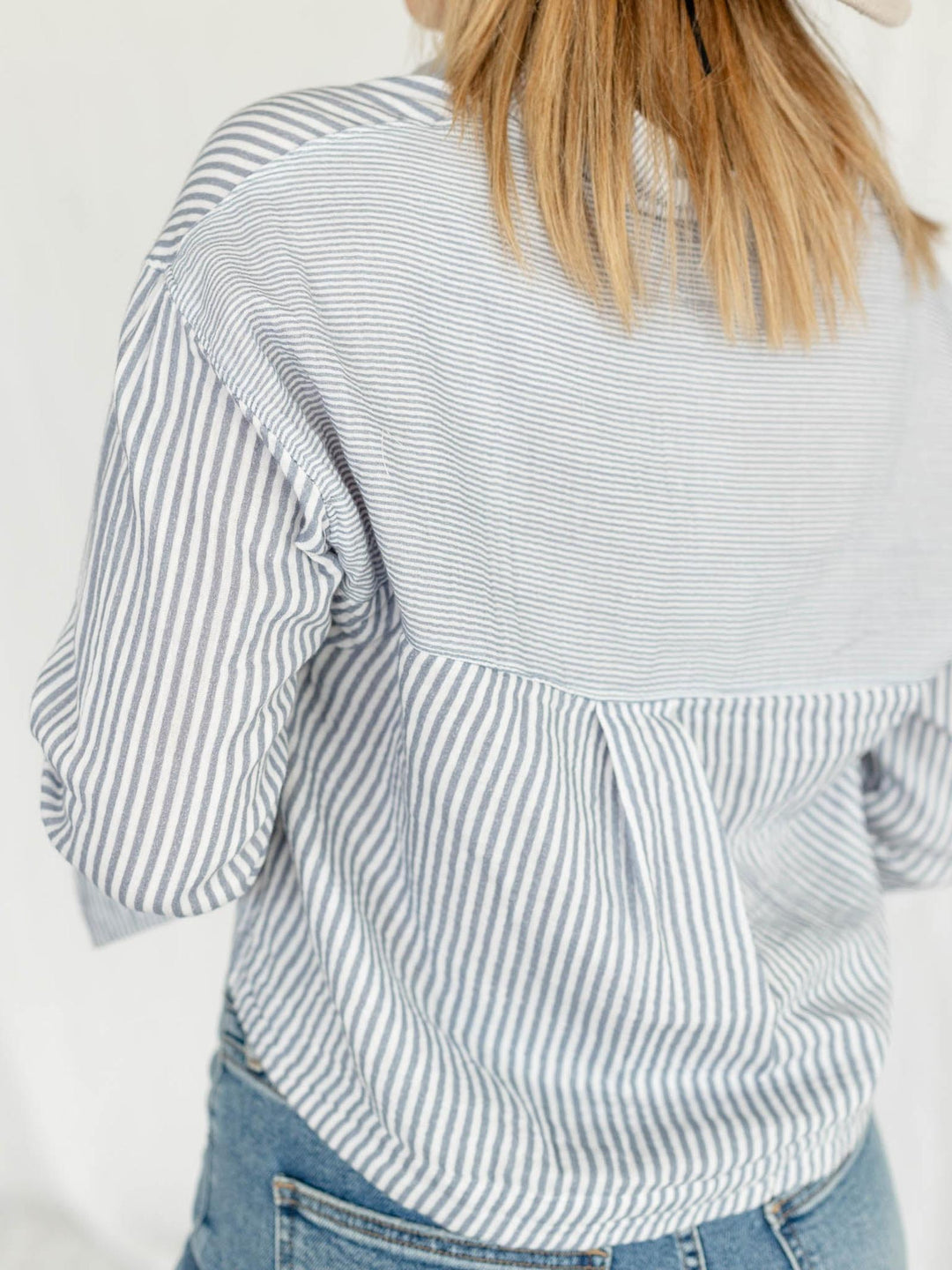 cropped blue and white stripe button down