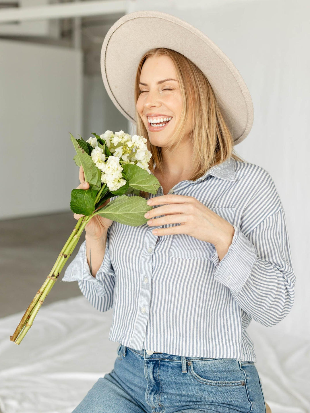cropped blue and white stripe button down