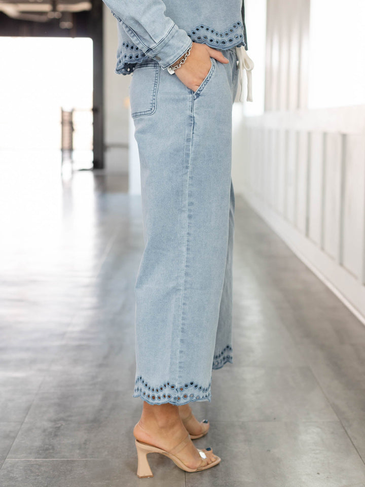 lightweight denim with scalloped eyelet hem