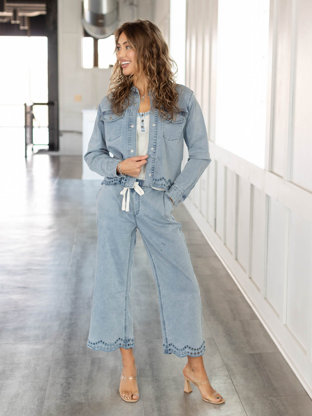 lightweight denim with scalloped eyelet hem